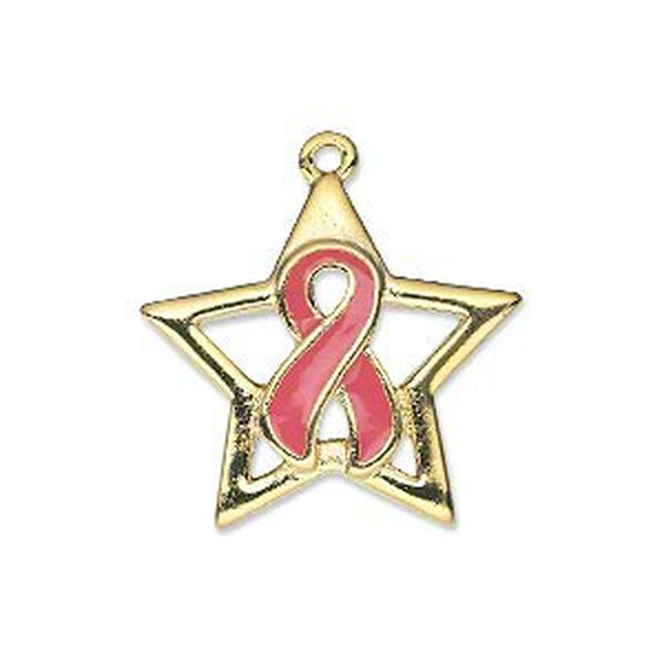 Charm, gold-finished "pewter" (zinc-based alloy) and enamel, pink, 25x23mm open star with single-sided awareness ribbon. Sold individually. image number 0