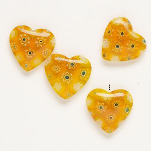 Bead, millefiori glass, translucent orange and multicolored, 18-20mm half-drilled puffed heart. Sold per pkg of 4.