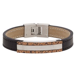 Bracelet, leather (dyed) / stainless steel / antiqued copper, black, 13mm wide with textured design and 45x13mm curved rectangle, 6-1/2 inches with fold-over clasp. Sold individually.