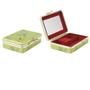 Jewelry case, glass / velveteen / rayon / gold-finished steel, green / red / multicolored, 4-1/2 x 3 inches with 3-1/2 x 2-inch mirror. Sold individually.