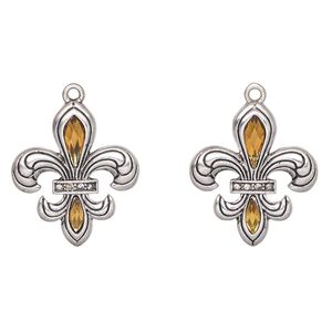 Charm, antique silver-finished "pewter" (zinc-based alloy) and glass, gold, 26x23mm fleur-de-lis. Sold per pkg of 2.
