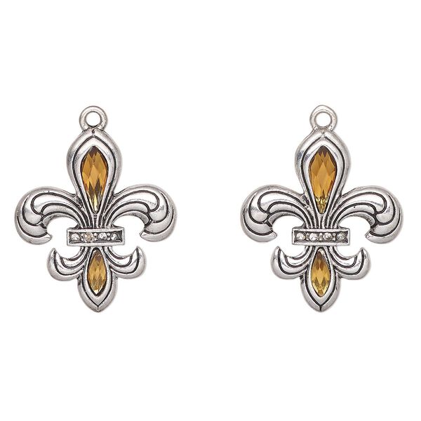 Charm, antique silver-finished "pewter" (zinc-based alloy) and glass, gold, 26x23mm fleur-de-lis. Sold per pkg of 2. image number 0