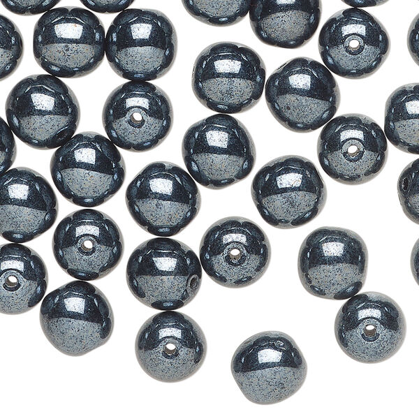 Bead, Czech glass druk 1pkg50, opaque hematite, 8mm round. image number 0