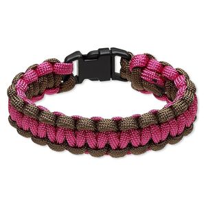 Bracelet, nylon paracord and plastic, pink / brown / black, 18mm wide survival, 6-1/2 inches with buckle clasp. Sold individually.