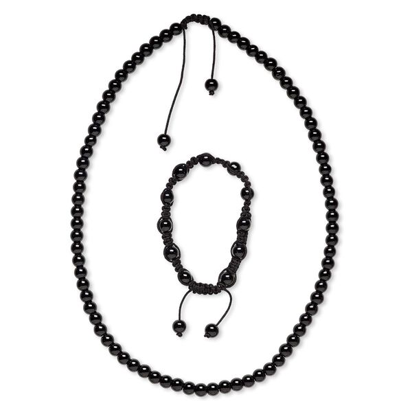 Necklace and bracelet, black obsidian (natural) and nylon, black, 7-8mm round, 22-25 inches with macramé knot closure, 7- to 10-inch bracelet with macramé knot closure, adjustable. Sold per set. image number 0