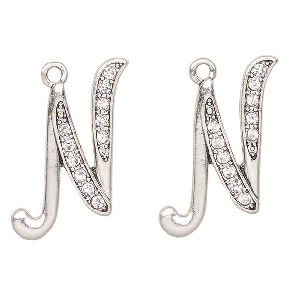 Charm, antique silver-finished "pewter" (zinc-based alloy) and glass, clear, 24x22mm letter "N". Sold per pkg of 2. image number 0