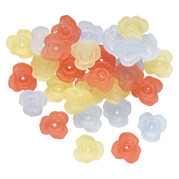Component mix, acrylic, translucent frosted dark pink / yellow / light blue, 21x8mm flower. Sold per pkg of 30. image number 1
