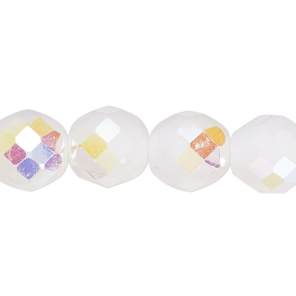 Bead, Czech fire-polished glass, pkg/15-1/2 to 16 inches, 12mm faceted round, opaque white AB, (03000-28701). image number 0