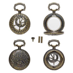 Watch body, acrylic and antique brass-finished "pewter" (zinc-based alloy), transparent clear, 41x27mm with 27mm round and dial with floral design. Sold per 5-piece set.
