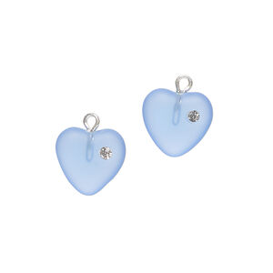 Drop, cubic zirconia / Czech glass / silver-plated brass 1pkg2, clear and translucent frosted blue, 11mm heart.