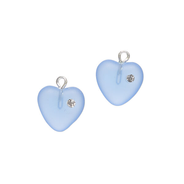 Drop, cubic zirconia / Czech glass / silver-plated brass 1pkg2, clear and translucent frosted blue, 11mm heart. image number 0
