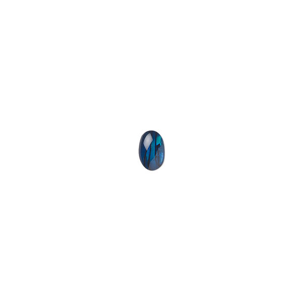 Cabochon, paua shell (dyed / coated), blue, 6x4mm calibrated oval, Mohs hardness 3-1/2. Sold per pkg of 10. image number 0