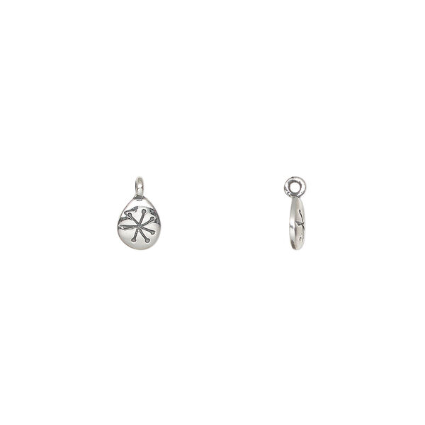Drop 1pkg1, antiqued sterling silver, 6x4.5mm single-sided flat teardrop with snowflake. image number 0