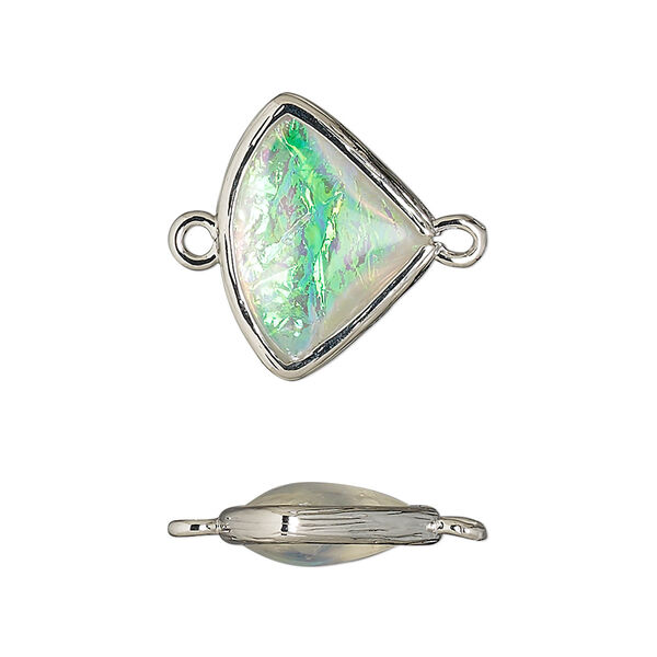 Link, Opalized Ice™, "opal" (resin) and imitation rhodium-finished brass, opaque white, 19x15mm double-sided fan. Sold per pkg of 4. image number 0