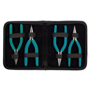 Pliers set, Wubbers®, pkg/set of 4, chain-nose / round-nose / bent chain-nose / flat-nose, stainless steel and rubber, teal green, 6.25 inches.
