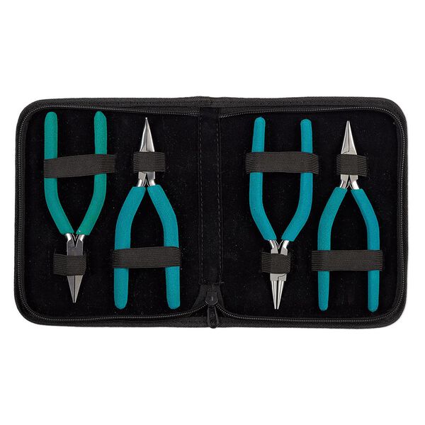 Pliers set, Wubbers®, pkg/set of 4, chain-nose / round-nose / bent chain-nose / flat-nose, stainless steel and rubber, teal green, 6.25 inches. image number 0