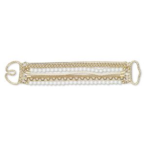 Bracelet, 7-strand, nylon / glass pearl / gold-finished steel / brass / "pewter" (zinc-based alloy), white, 34mm wide, 6 inches with hook-and-eye clasp. Sold individually.