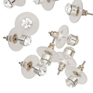 Earstud, Everyday Jewelry, light gold-finished stainless steel and crystal, clear, 5mm round with comfort clutch. Sold per pkg of 5 pairs.