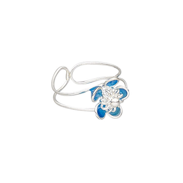 Ring, epoxy and silver-plated brass, blue, 10.5mm wide with 10.5x10mm flower, adjustable. Sold individually. image number 0