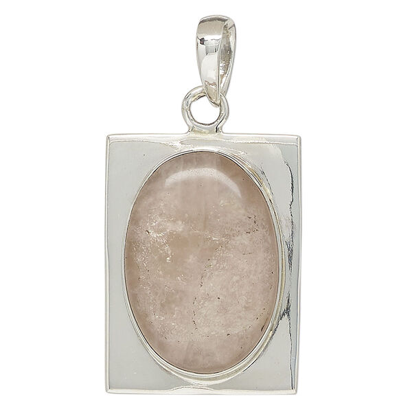Pendant, rose quartz (natural) and sterling silver, 33x24mm rectangle. Sold individually. image number 0