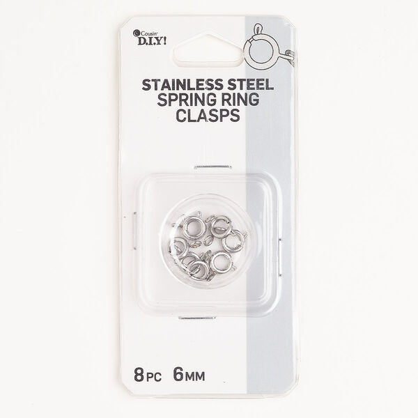 Clasp springing stainless steel 8pk 6mm round, imitation rhodium finish image number 0