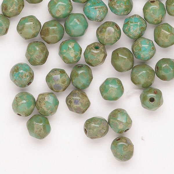 Bead Czech fire-polished glass 78pk 6mm faceted round, opaque green travertine image number 0
