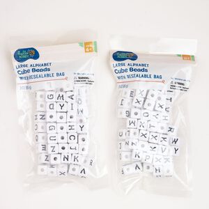 Bead, acrylic, pkg/(2) 3 ounces, 11mm alphabet cube, white and black.