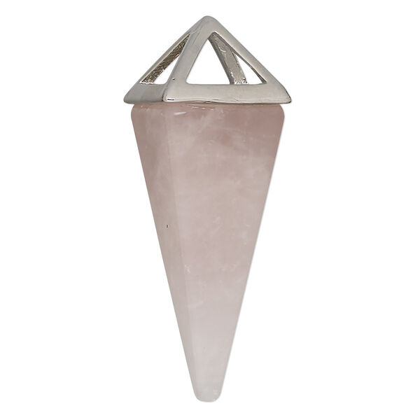 Focal, rose quartz (natural) and imitation rhodium-finished "pewter" (zinc-based alloy), 36x15mm-42x15mm 4-sided point, Mohs hardness 7. Sold individually. image number 0