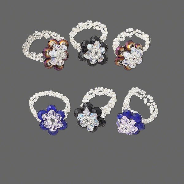 Ring mix, stretch, glass, mixed color, flower with 6x4mm rondelle, size 7-9. Sold per pkg of 6. image number 0