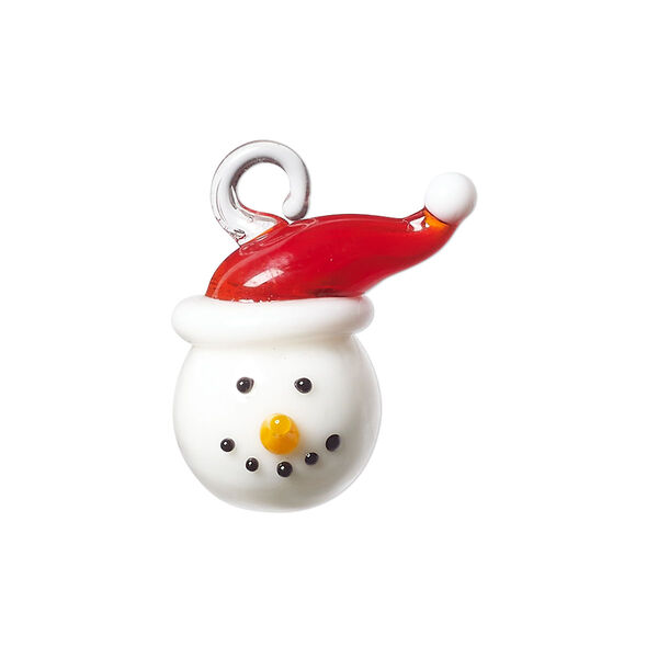 Drop, lampworked glass, multicolored, 23x22mm 3D snowman head with Santa hat. Sold individually. image number 0