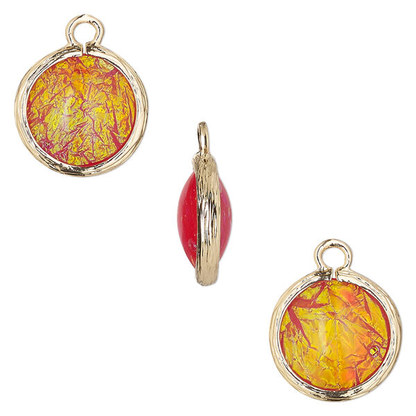 Drop, Opalized Ice™, "opal" (resin) and gold-finished brass, orange, 14mm double-sided round. Sold per pkg of 4. image number 0