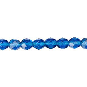 Bead, Czech fire-polished glass, transparent dark aqua blue, 6mm faceted round. Sold per 15-1/2" to 16" strand, approximately 65 beads.