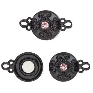 Clasp magnetic 1pkg2 "pewter" (zinc alloy), 12mm double-sided round, black-finished / pink rhinestone 1-strand