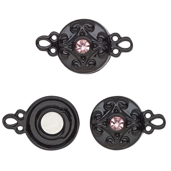 Clasp magnetic 1pkg2 "pewter" (zinc alloy), 12mm double-sided round, black-finished / pink rhinestone 1-strand image number 0