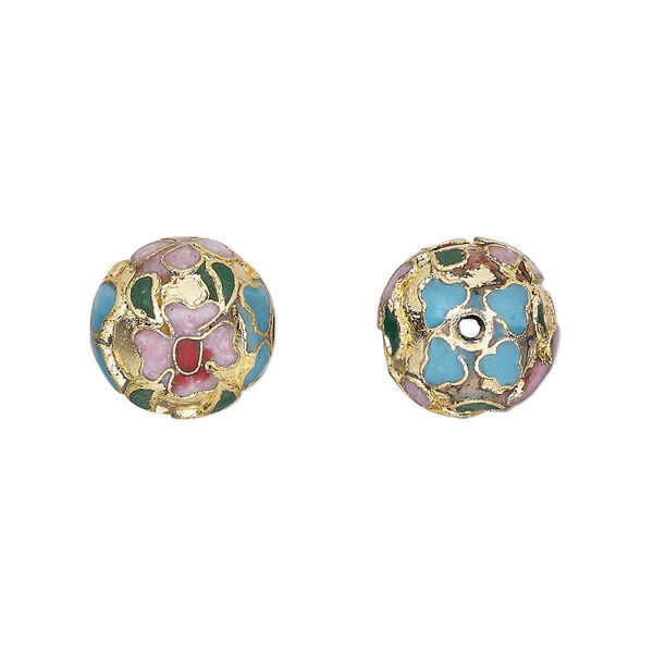 Bead, cloisonné, enamel and gold-finished copper, light blue and multicolored, 12mm round with flower design. Sold per pkg of 10. image number 0