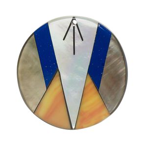 Focal, black lip shell and resin, multicolored, 34mm single-sided flat round with Santa Fe design. Sold individually.