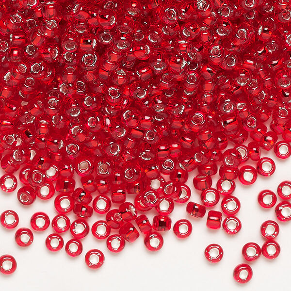 Seed bead, Dyna-Mites™, glass, silver-lined translucent red, #8 round. Sold per 1/2 kilogram pkg. image number 0