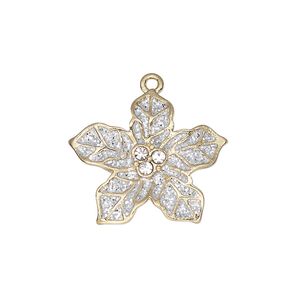 Charm, enamel / glass rhinestone / gold-finished "pewter" (zinc-based alloy), clear and white with silver-colored glitter, 23x20mm single-sided poinsettia. Sold individually.