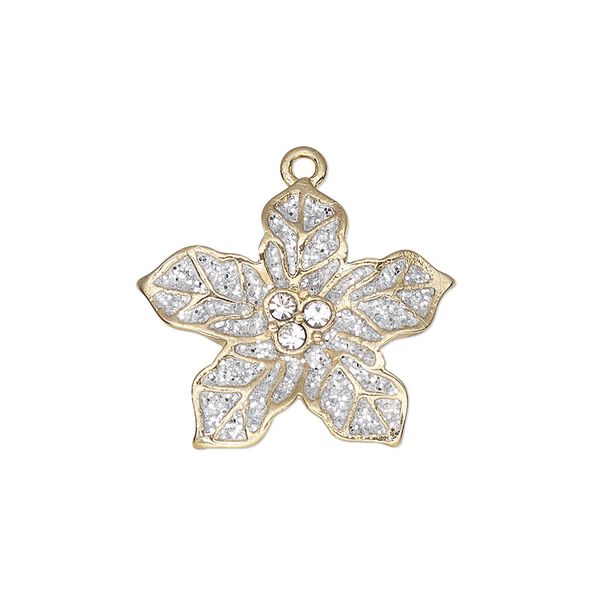 Charm, enamel / glass rhinestone / gold-finished "pewter" (zinc-based alloy), clear and white with silver-colored glitter, 23x20mm single-sided poinsettia. Sold individually. image number 0