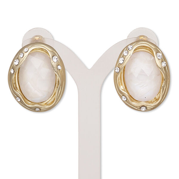 Earring, resin / mother-of-pearl shell (assembled) / glass rhinestone / gold-finished "pewter" (zinc-based alloy), clear, 26mm with oval and post. Sold per pair. image number 0