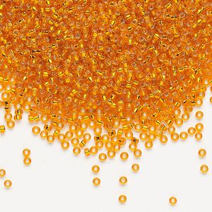 Seed bead, Miyuki, glass, pkg/35g, #15 rocaille, transparent silver-lined orange, (RR-8).