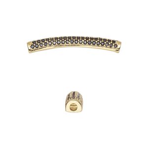 Bead, cubic zirconia and gold-finished brass, black, 28x4mm curved tube. Sold individually.