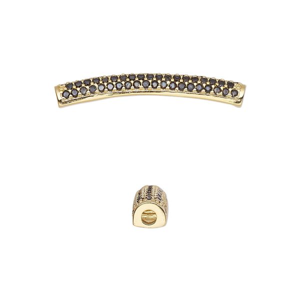 Bead, cubic zirconia and gold-finished brass, black, 28x4mm curved tube. Sold individually. image number 0