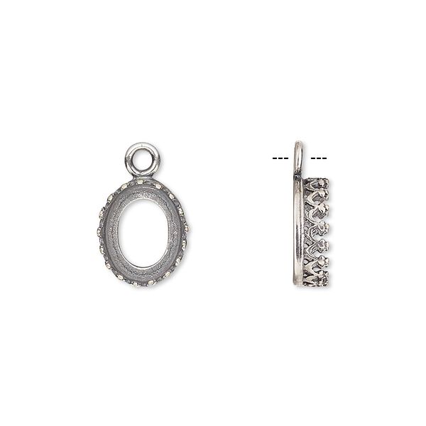 Drop, JBB Findings, antique silver-plated brass, 11.5x9mm oval with open back and decorative trim, 10x8mm oval bezel setting. Sold per pkg of 2. image number 0
