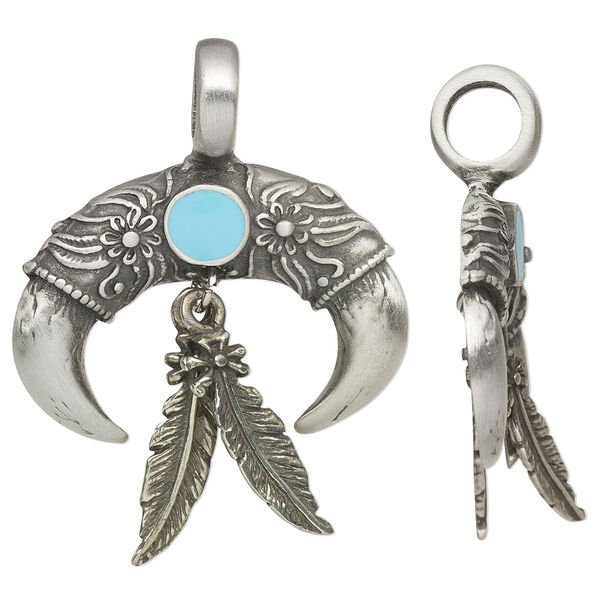Pendant, antiqued pewter (tin-based alloy) and "turquoise" (resin) (imitation), blue, 49x36mm single-sided dual talon with feathers and 6.5mm hole. Sold individually. image number 0