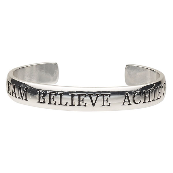 Bracelet, cuff, silver-plated brass, 11mm wide with "DREAM BELIEVE ACHIEVE," 7 inches. Sold individually. image number 0
