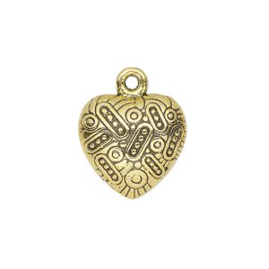 Charm, antique gold-finished "pewter" (zinc-based alloy), 15x14.5mm single-sided heart with dot and oval pattern. Sold per pkg of 10.