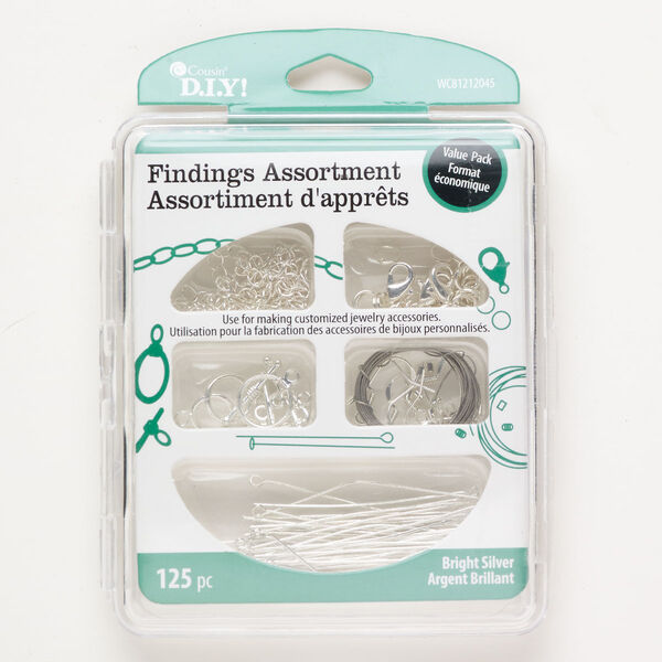 Finding assortment 1pkg125 brass mixed sizes shapes, silver finish image number 0