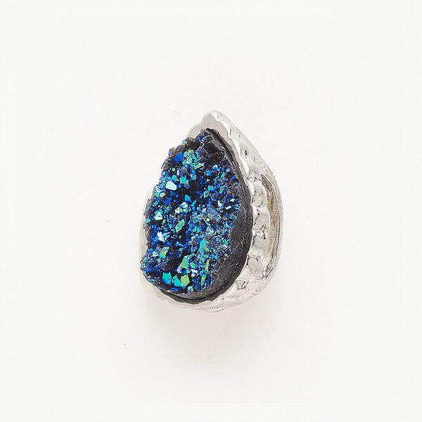 Bead, slide, brass / resin / enamel, pkg/1, 21x16mm teardrop, antique silver finish / blue / green. image number 0