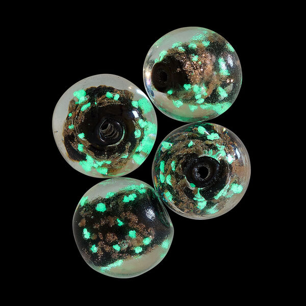 Bead, lampworked glass, black and glow-in-the-dark with gold glitter, 14mm round. Sold per pkg of 4. image number 1